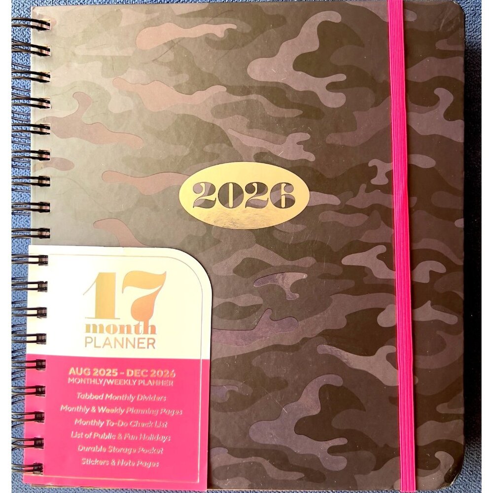 17 Month Planner Black CAMO  Aug 2025 -Dec 2026 Weekly Planning Note Page Gift